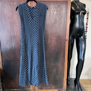 Theory Silk Navy Blue Patterned Midi Dress